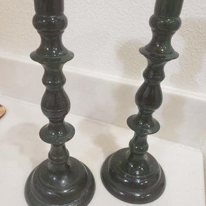 SET OF 2 DARK GREEN 9" METAL CANDLE STICK HOLDERS / MADE IN JAPAN